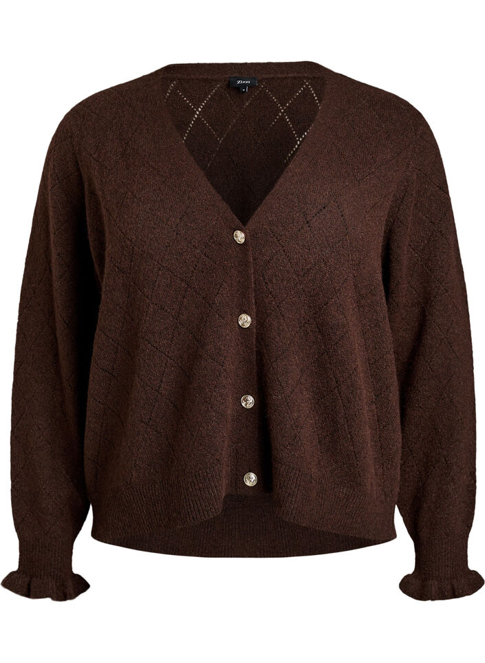 Strickjacke mit Harlekinmuster und V-Ausschnitt, Braun, Packshot image number 0