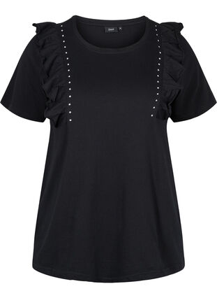 T-Shirt aus Baumwolle mit Rüschen und Nieten, Black, Packshot image number 0