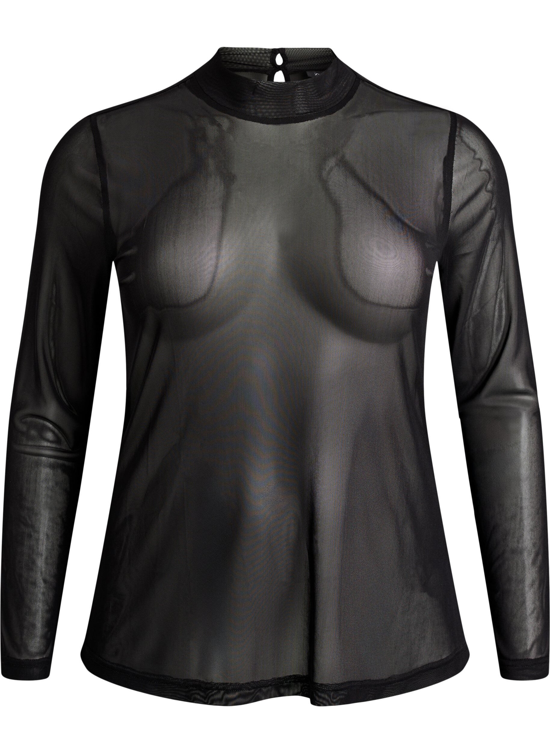 ZizziEnganliegende Mesh-Bluse mit langen &Auml;rmeln, Schwarz, Packshot image number 0
