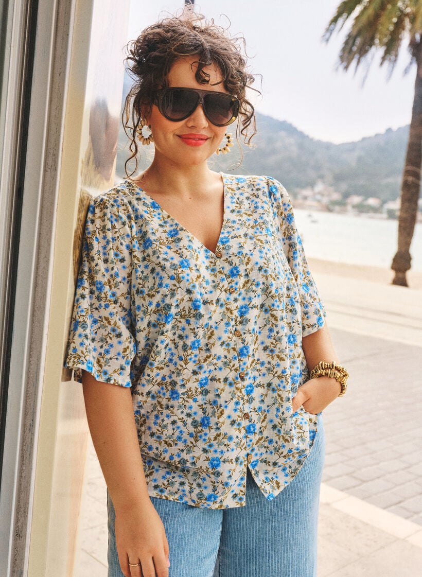 Kurz&auml;rmelige Bluse aus Baumwolle mit V-Ausschnitt, Blau, Image image number 0