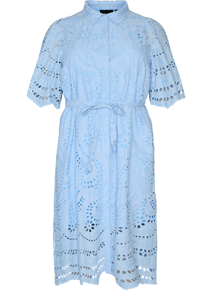 Hemdblusenkleid aus Broderie Anglaise mit Bindeg&uuml;rtel, Blau, Packshot image number 0
