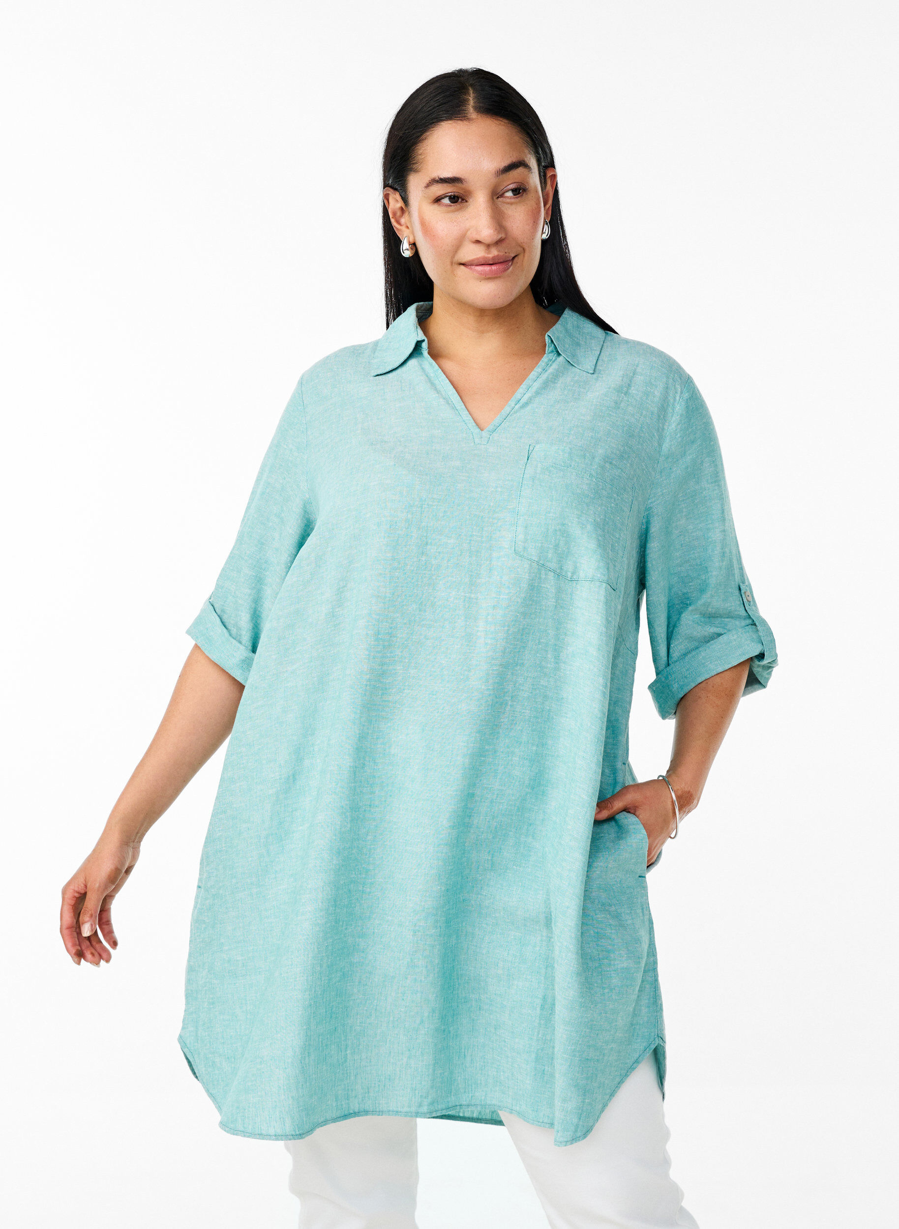 ZizziTunika aus Leinen und Viskose mit A-Linie, Blau, Model image number 0