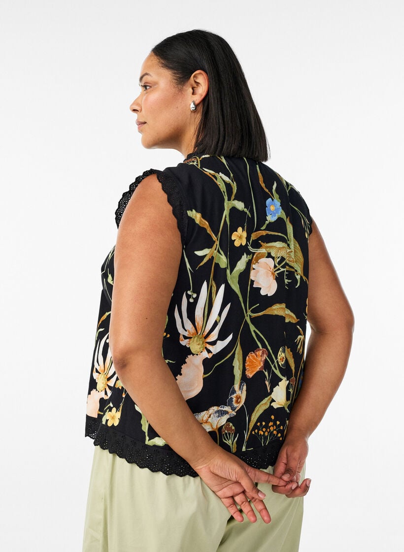 &Auml;rmellose Bluse aus Baumwolle mit Blumenprint und Broderie Anglaise, Schwarz, Model image number 2