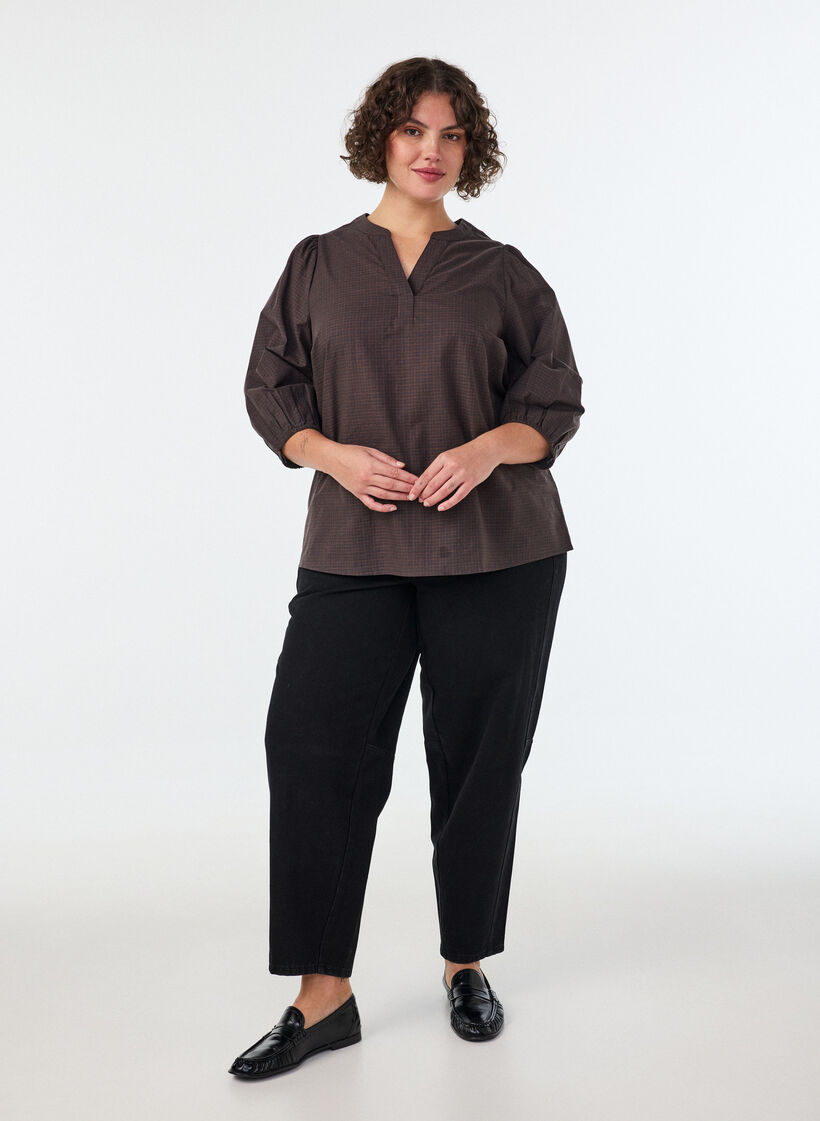 Karierte Bluse mit V-Ausschnitt und 3/4-&Auml;rmeln, Braun, Model image number 1