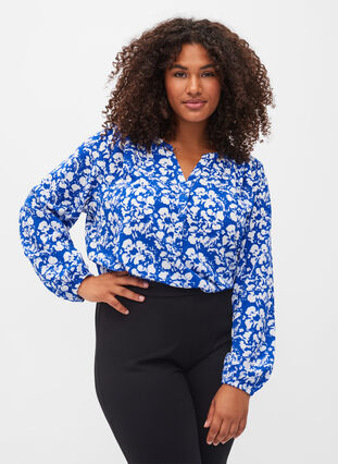 Langarm Bluse mit Print und V-Ausschnitt, Blue White Flower, Model image number 0