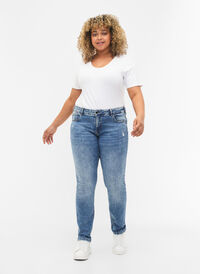 Emily Jeans mit regulärer Taille und Destroy-Effekt, Blue denim, Model