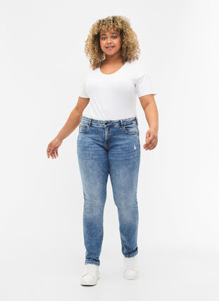Emily Jeans mit regulärer Taille und Destroy-Effekt, Blue denim, Model image number 0