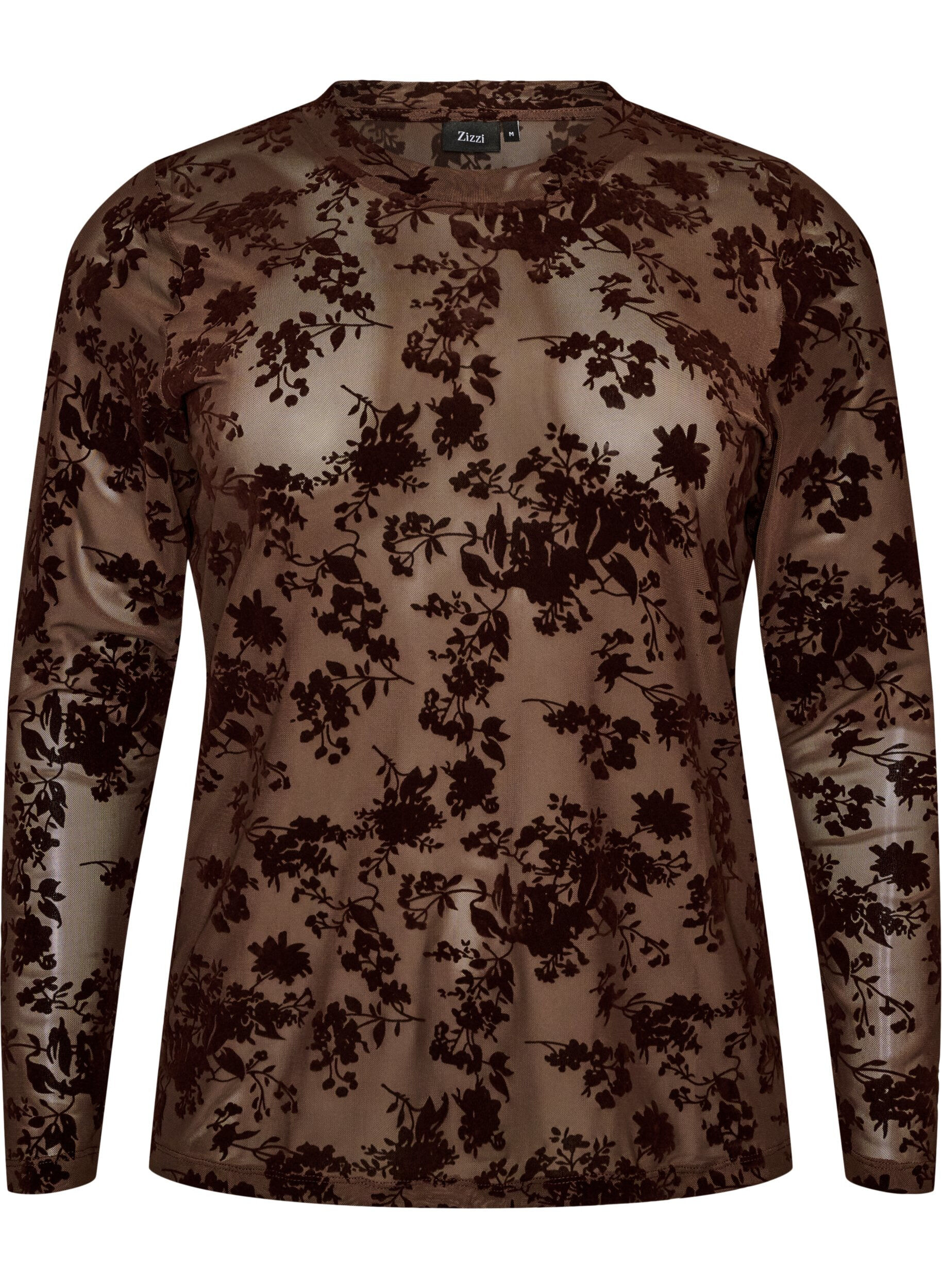 ZizziBluse aus Mesh mit gebl&uuml;mtem Muster, Braun, Packshot image number 0