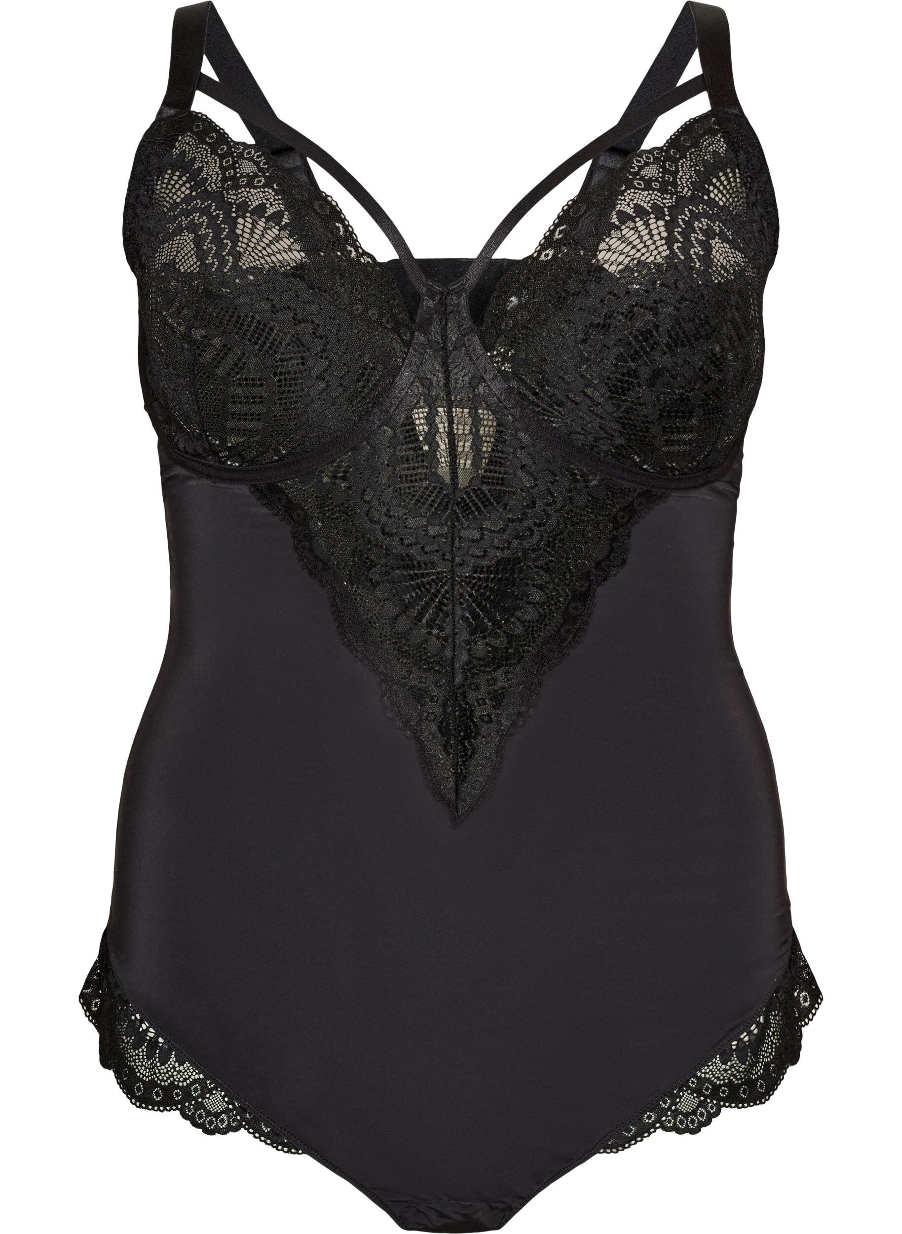 ZizziB&uuml;gel-Spitzenbody mit Tr&auml;gerdetails, Schwarz, Packshot image number 0