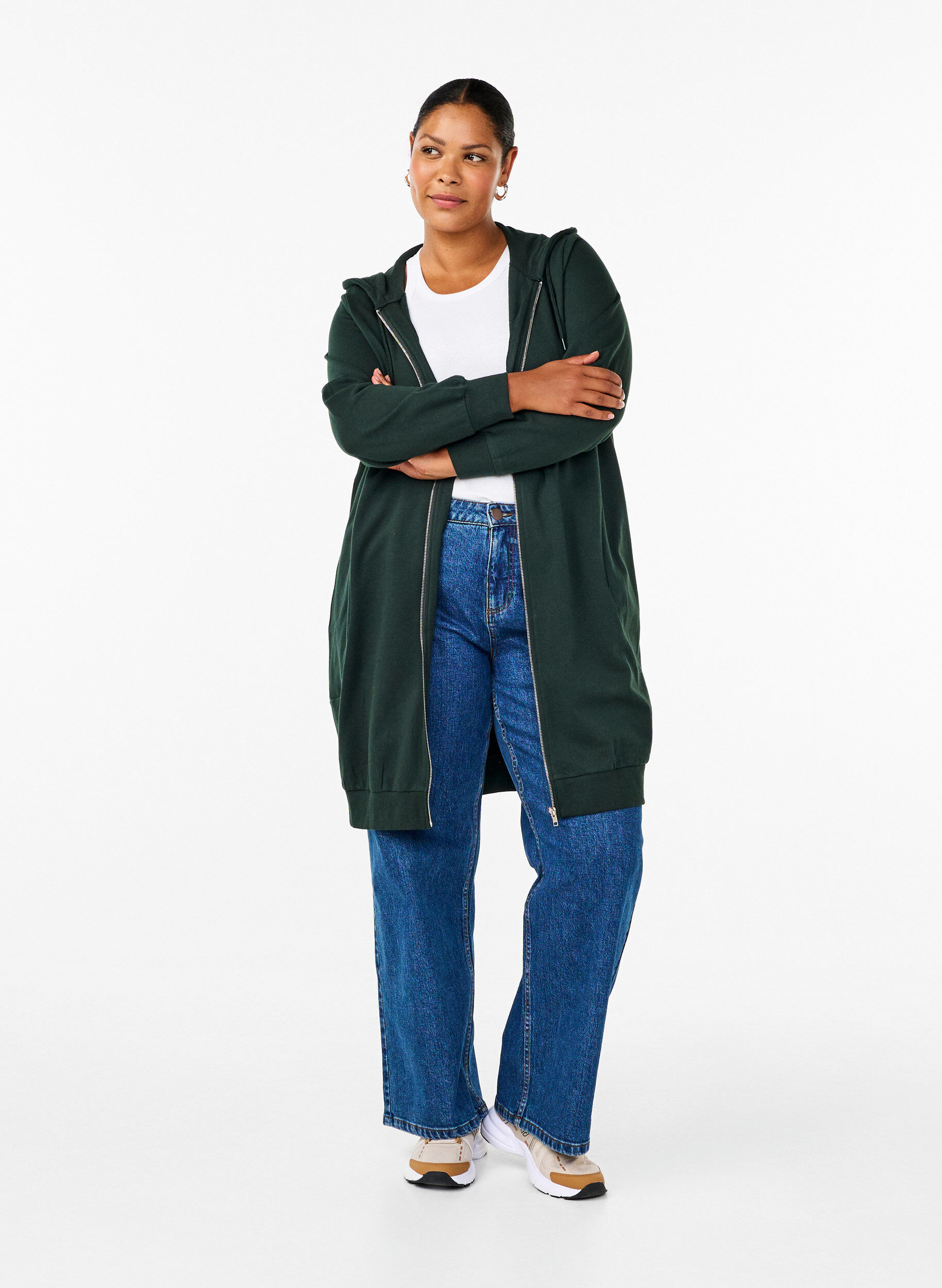 ZizziLange Sweatjacke aus Baumwolle mit Kapuze, Gr&uuml;n, Model image number 1