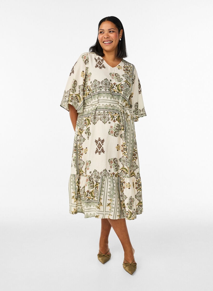 Gemustertes Midikleid aus Viskose mit Bindeg&uuml;rtel, Gr&uuml;n, Model image number 0