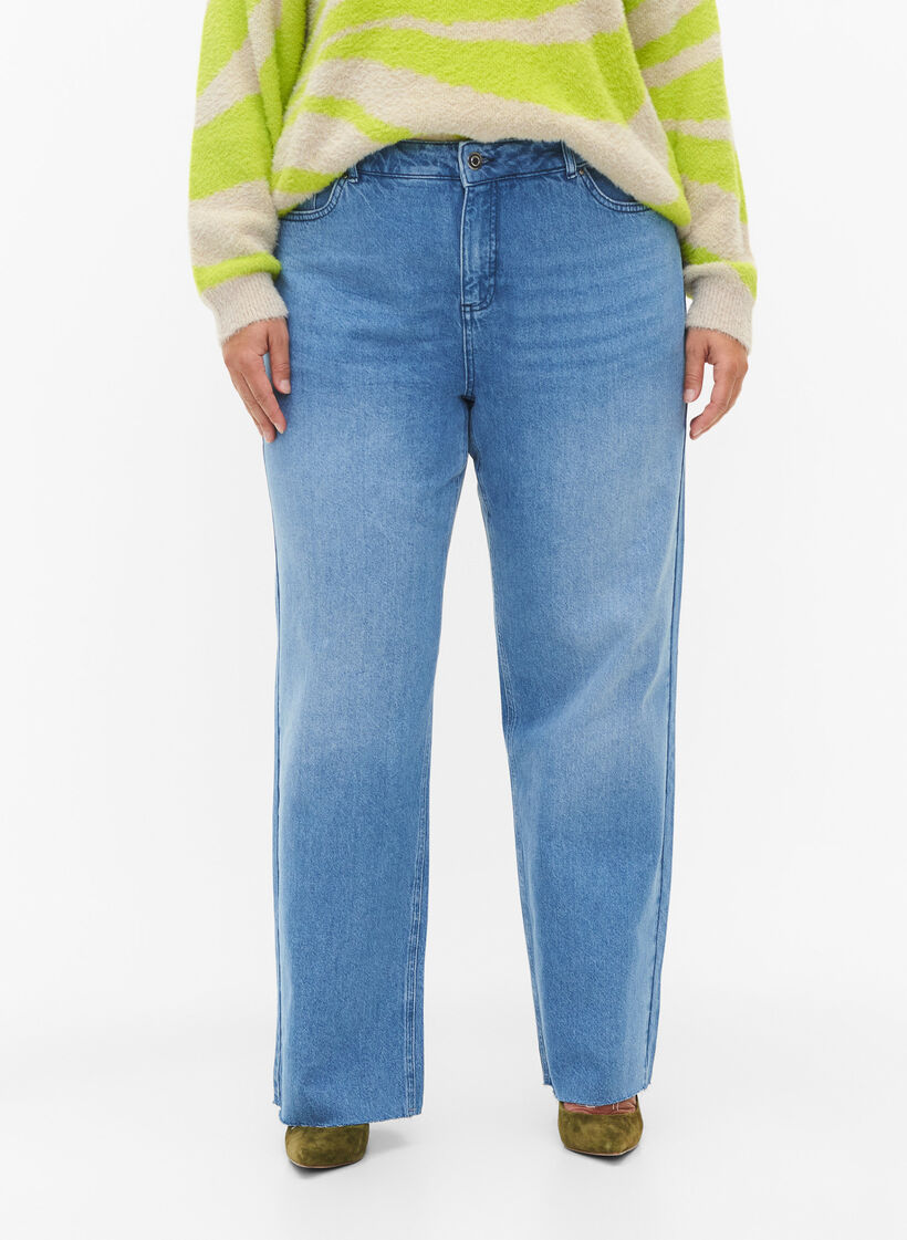 Gerade geschnittene Jeans mit ungesäumten Kanten, Medium Blue, Model image number 2