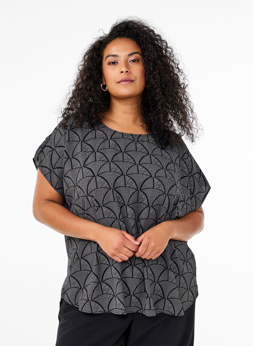 Bluse mit kurzen Ärmeln und Print, Black Grey Graphic , Model image number 0