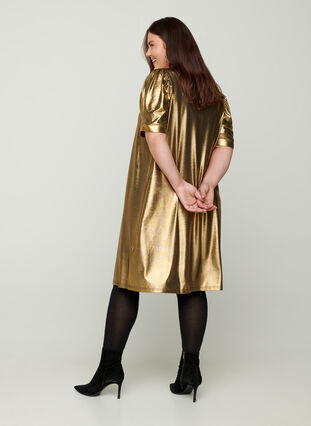 Kleid mit kurzen Puffärmeln und A-Linie, Gold, Model image number 1