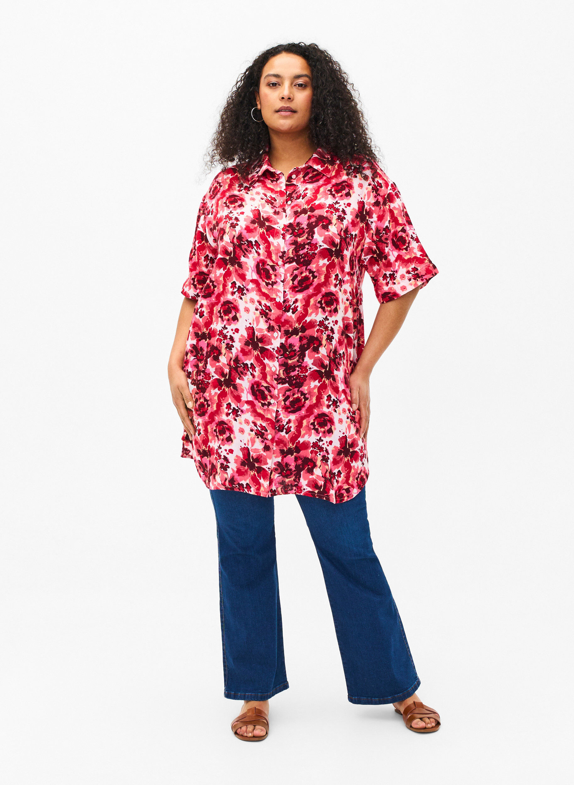 ZizziLanges Shirt mit Allover-Druck, Pink AOP Flower, Model image number 2