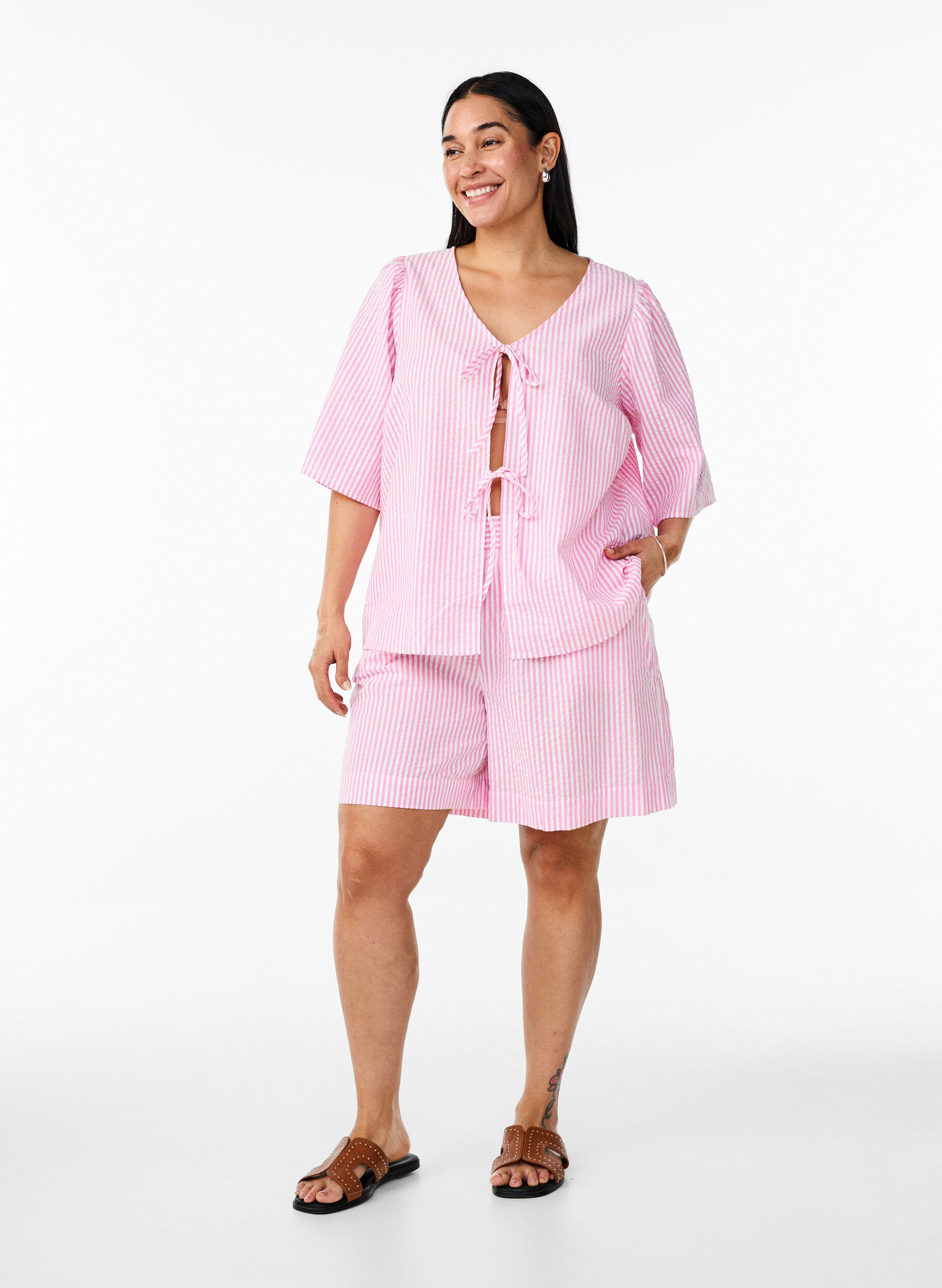 ZizziFLASH - Gestreifte Bluse mit Schleifen, Pink, Model image number 1