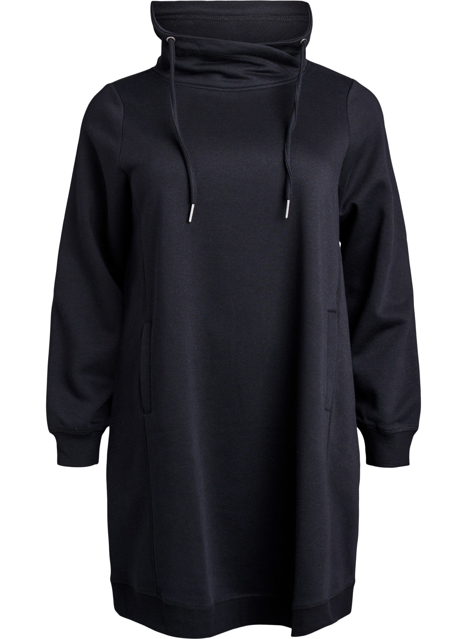 ZizziFLASH - Kurzes Sweatshirtkleid mit Stehkragen und Taschen, Schwarz, Packshot image number 0
