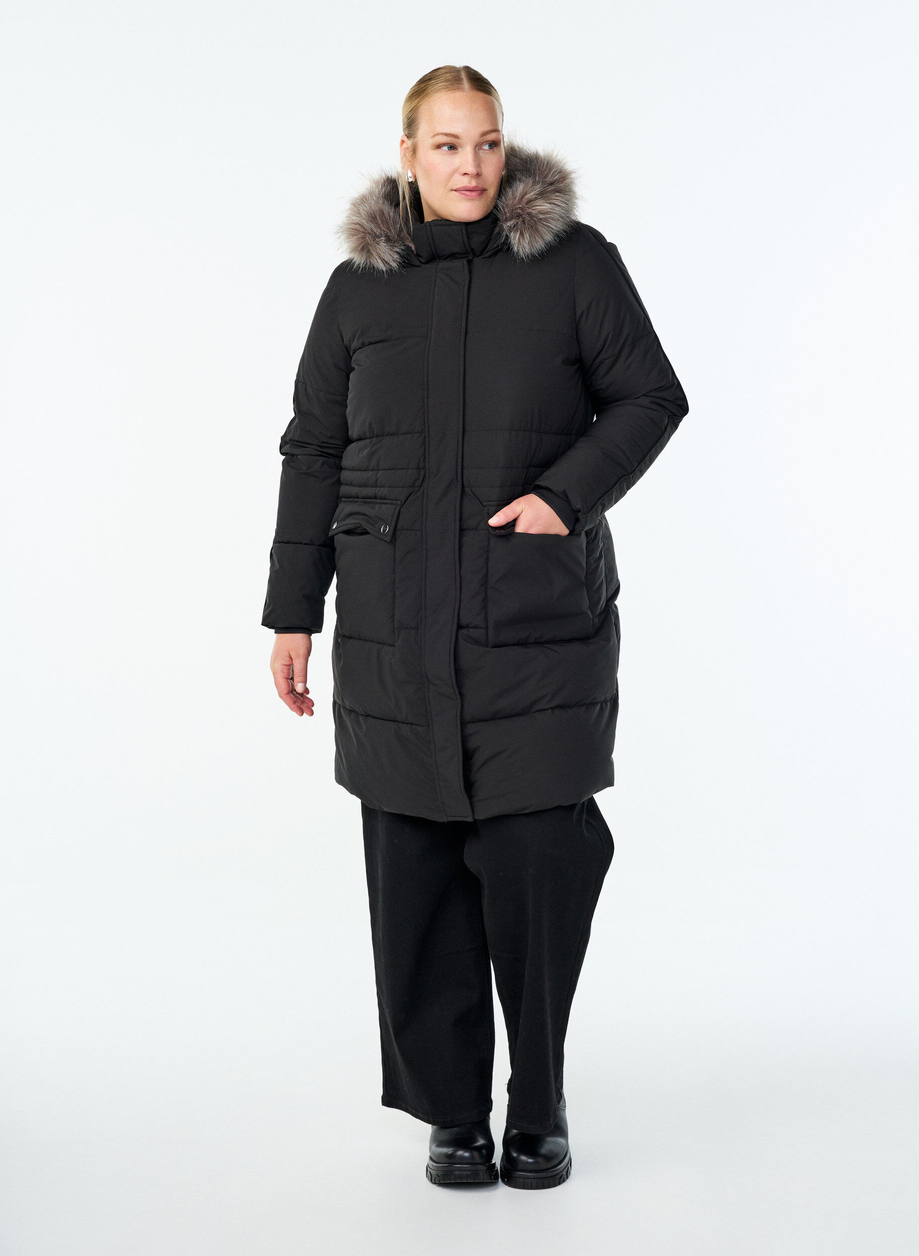 ZizziWasserabweisender Parka mit Kunstpelzkragen, Schwarz, Model image number 1