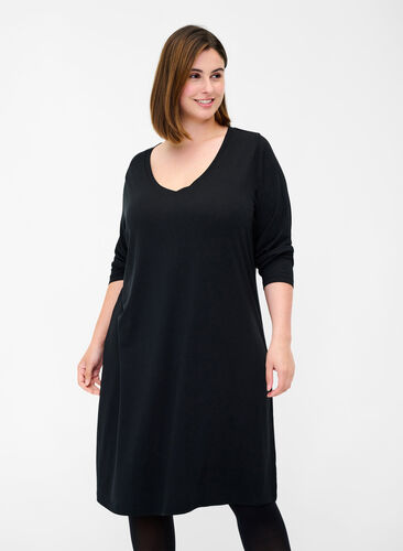 Einfarbiges Kleid mit V-Ausschnitt und langen Ärmeln, Black, Model image number 0