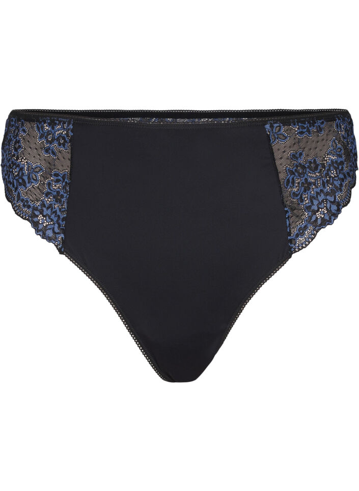 G-string aus Mikrofaser mit Spitze, Black w Blue, Packshot image number 0