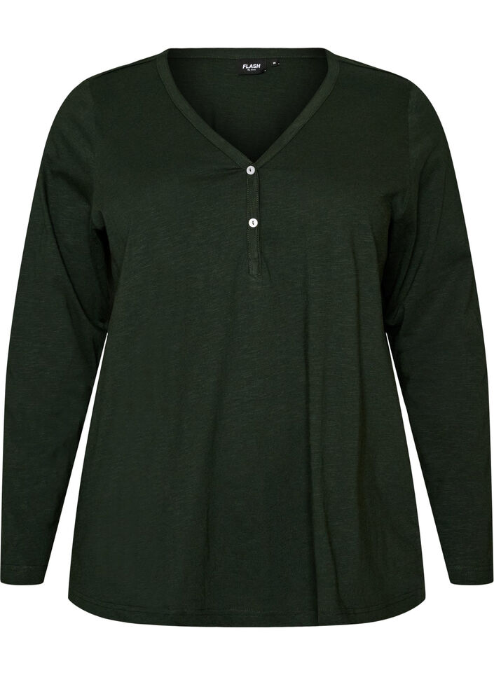 Langarmshirt mit V-Ausschnitt und Kn&ouml;pfen, Gr&uuml;n, Packshot image number 0