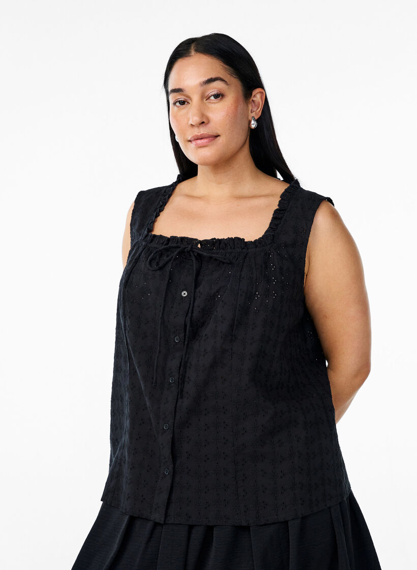&Auml;rmellose Bluse mit Lochstickerei und R&uuml;schen, Schwarz, Model image number 0