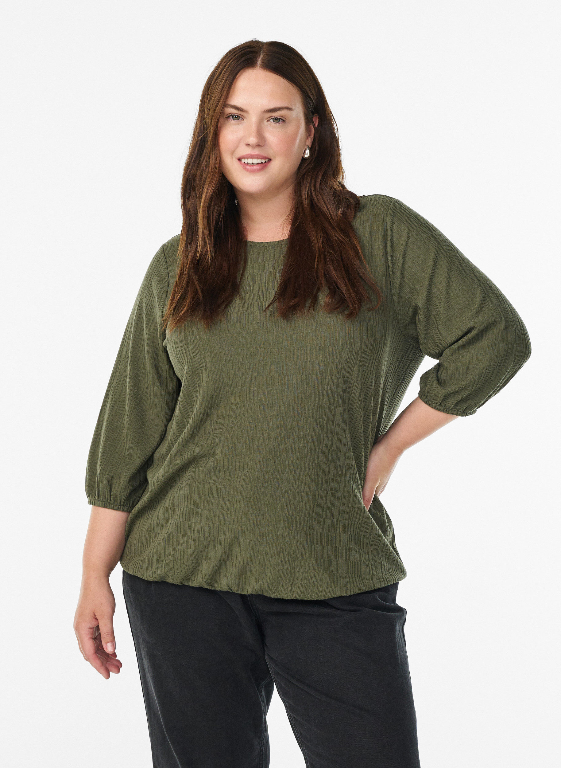 ZizziBluse mit Struktur und 3/4-&Auml;rmeln, Gr&uuml;n, Model image number 0