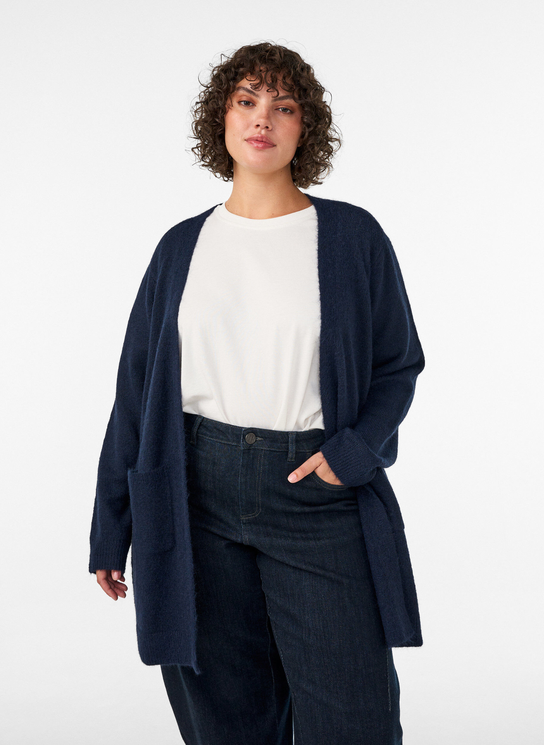 ZizziLange Strickjacke mit Taschen, Blau, Model image number 0