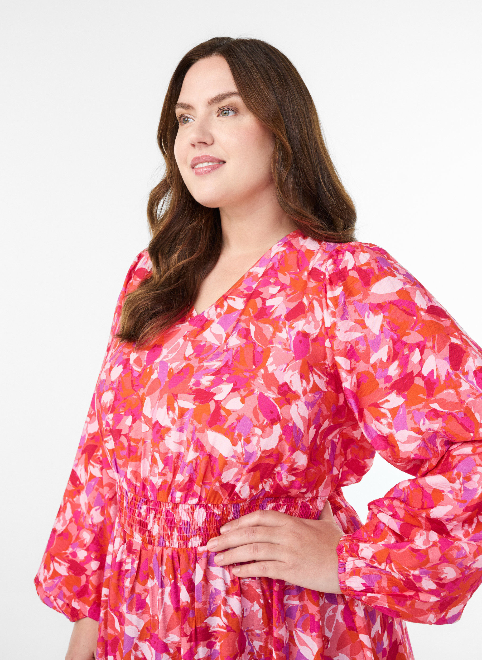 ZizziMidikleid mit buntem Bl&auml;ttermuster, Pink, Model image number 3