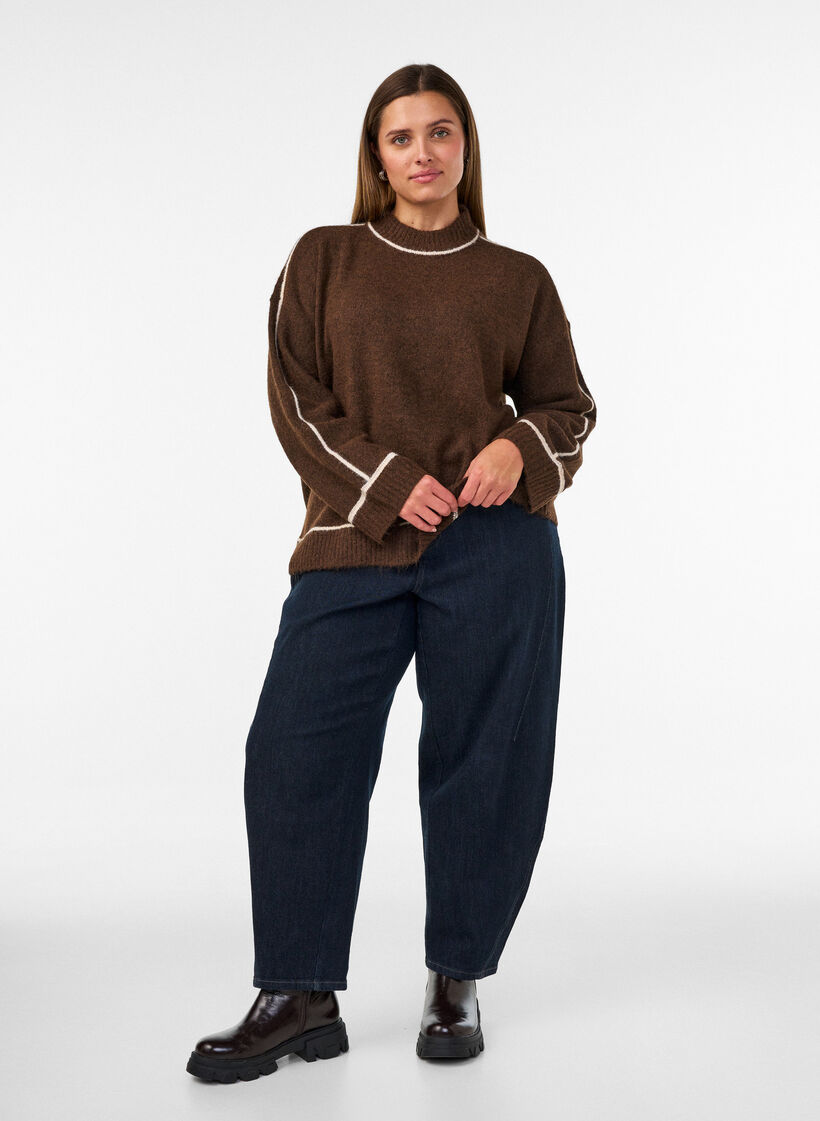 Strickpullover mit Rollkragen und Kontraststreifen, Braun, Model image number 1