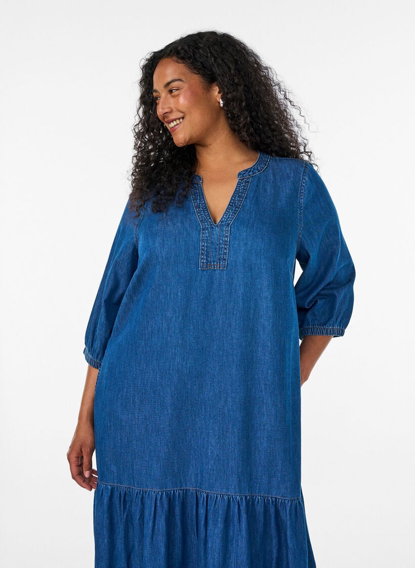 Maxikleid aus Denim mit ger&uuml;schten Stufen, Blau, Model image number 2