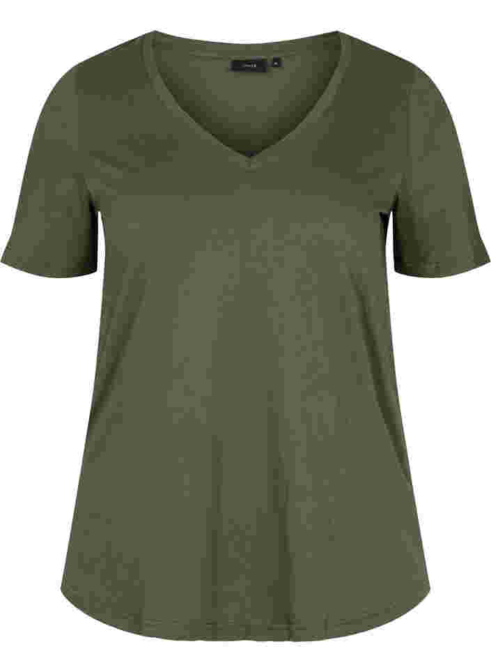 T-Shirt aus Bio-Baumwolle mit V-Ausschnitt, Thyme, Packshot image number 0