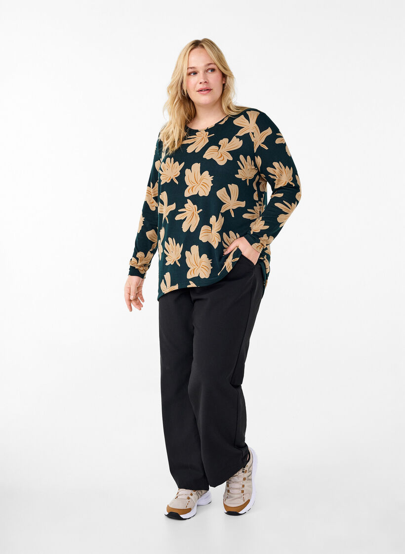  Bluse mit Blumenmuster und langen Ärmeln, Grün, Model image number 1