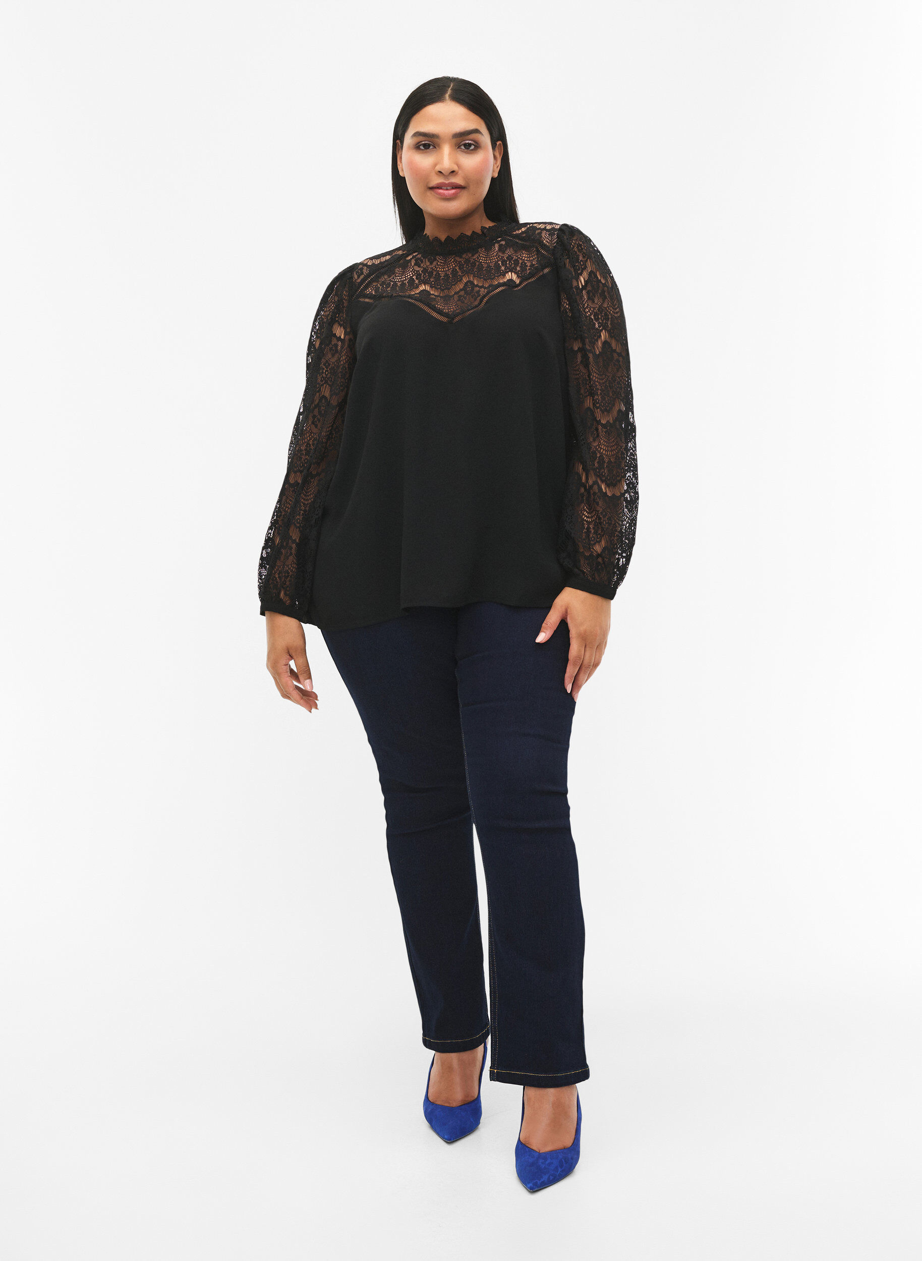 ZizziLang&auml;rmelige Bluse mit Spitze, Black, Model image number 2