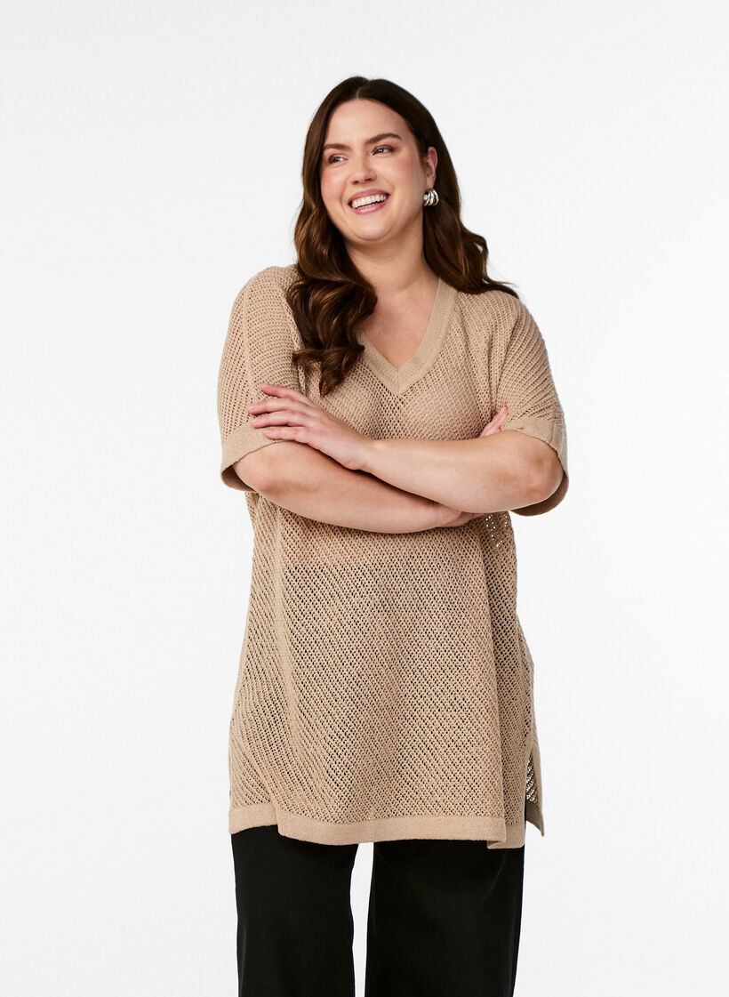 FLASH - Kurzarmpullover mit V-Ausschnitt, Beige, Model image number 0