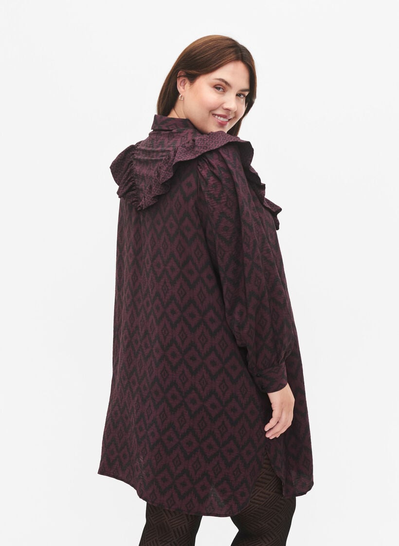 Langer Viskose-Shirt mit Druck und Rüschen, Winetasting w. Black, Model image number 1