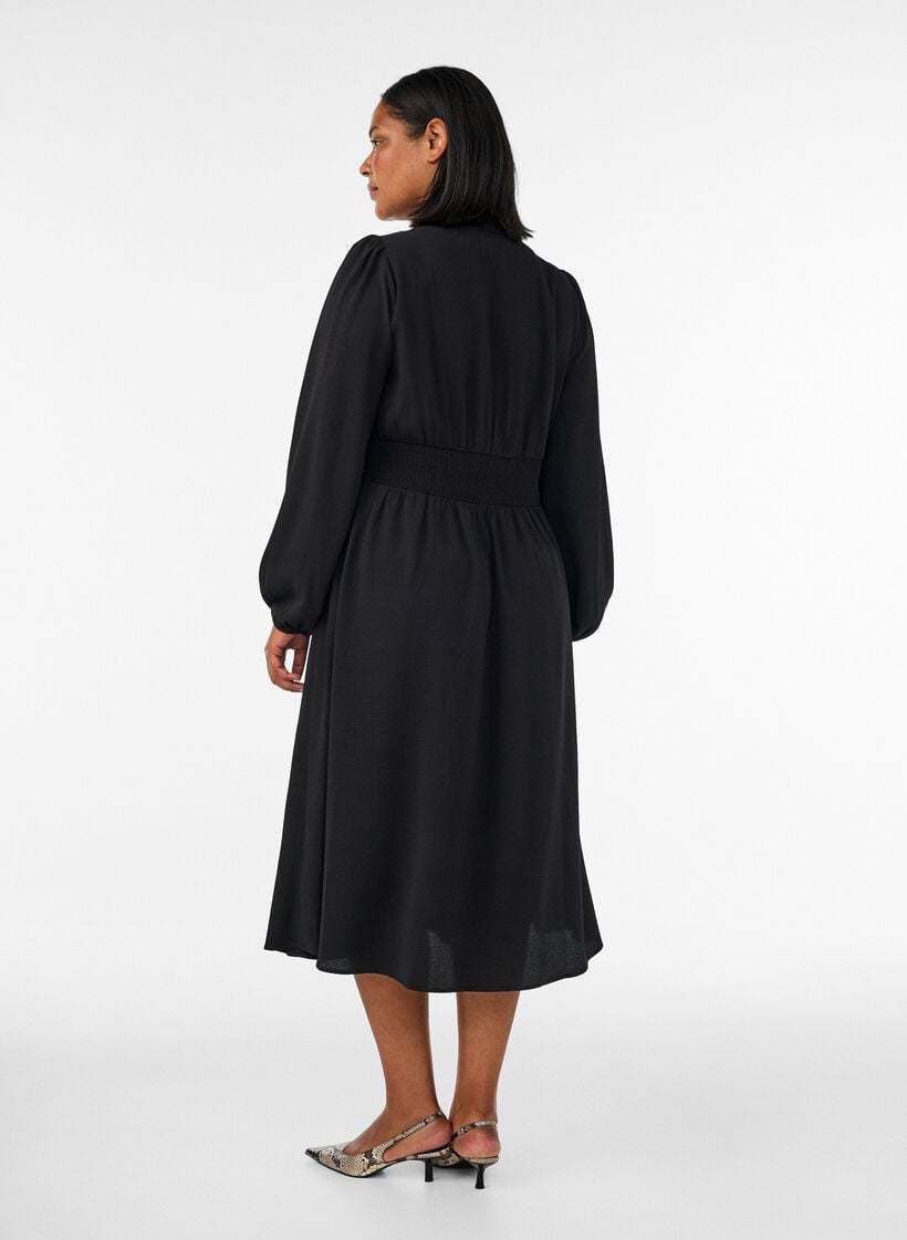 Midikleid mit Smock und Zierkn&ouml;pfen, Schwarz, Model image number 1