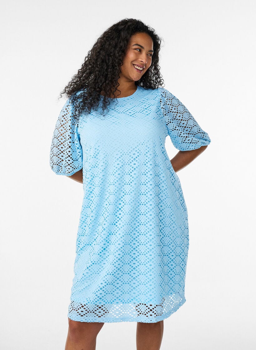 Knee-length dress with eyelet pattern and short sleeves, Light Blue, Model image number 0