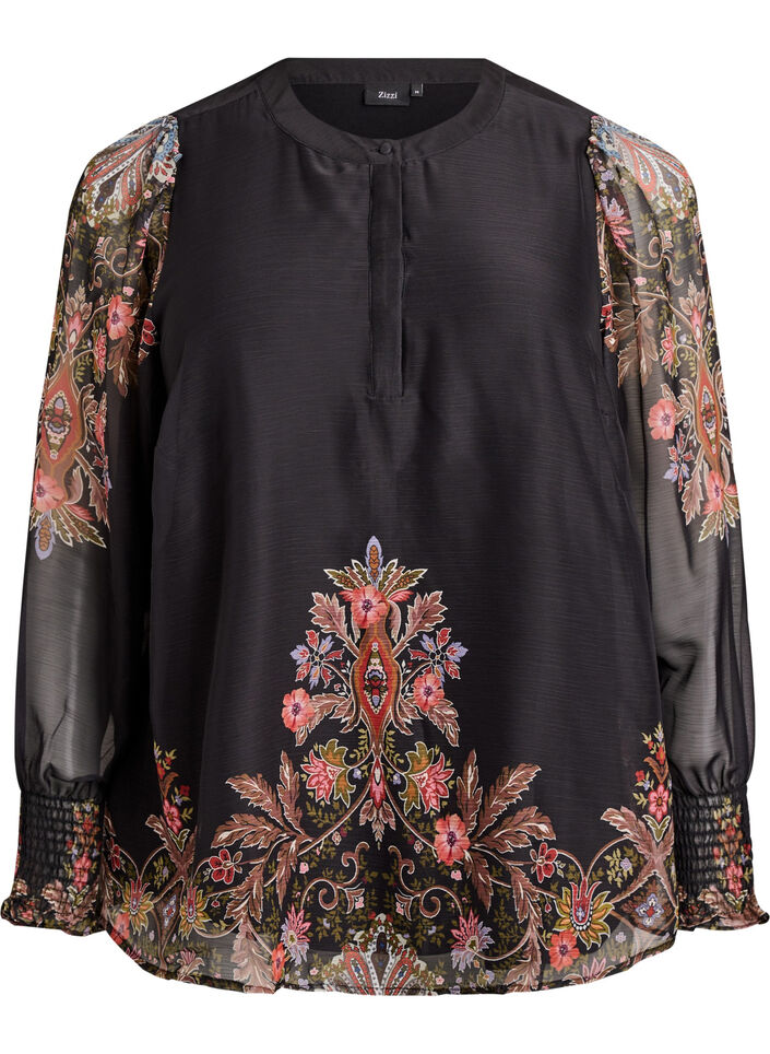 Bluse mit Paisleymuster und transparenten Ärmeln, Schwarz, Packshot image number 0