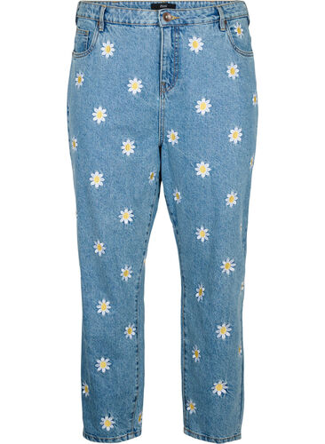 Cropped Mille Jeans mit gestickten Blumen, Light Blue Flower, Packshot image number 0