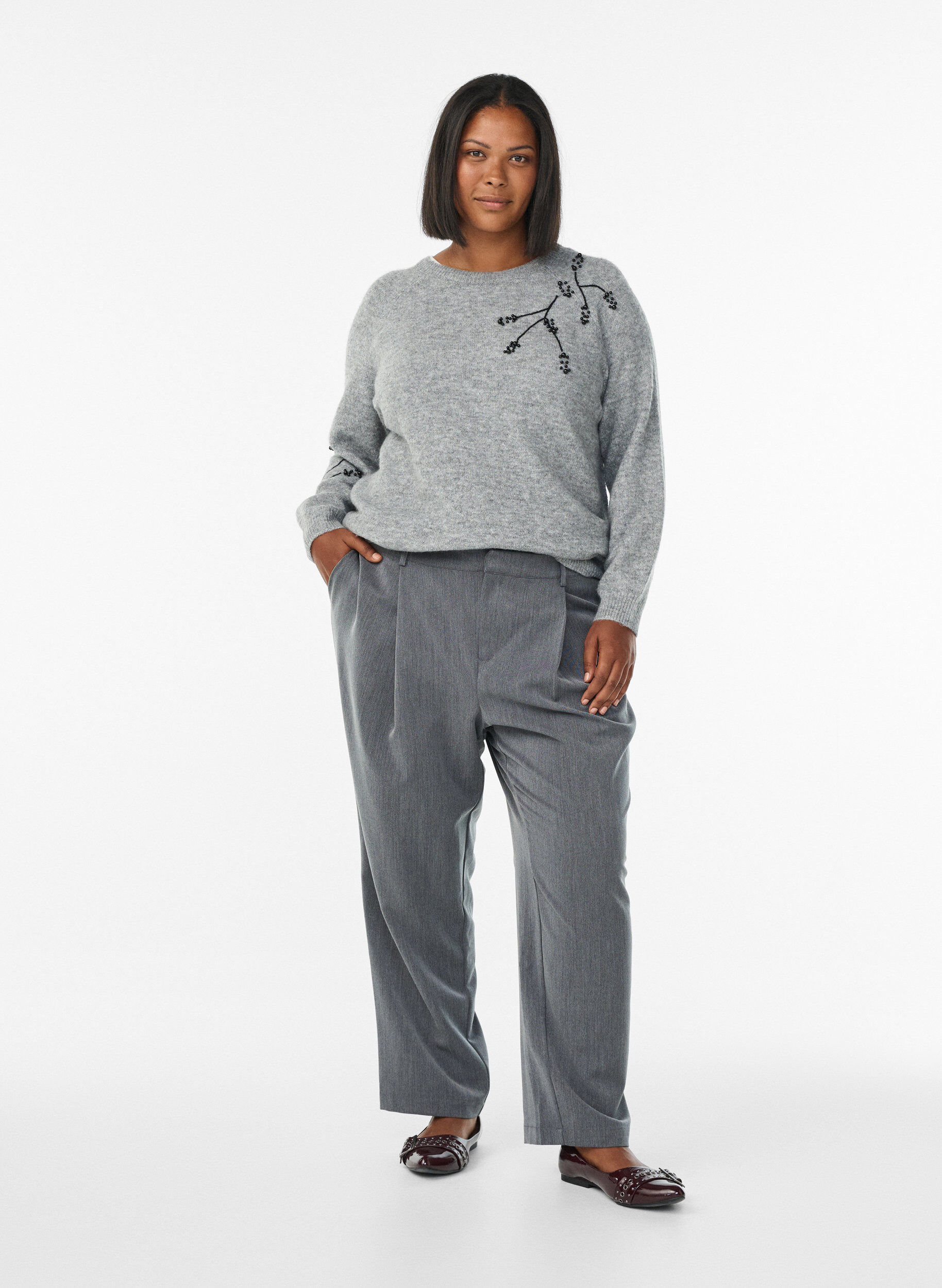 Dressehose mit hohem Bund und geradem Bein, Grau, Model