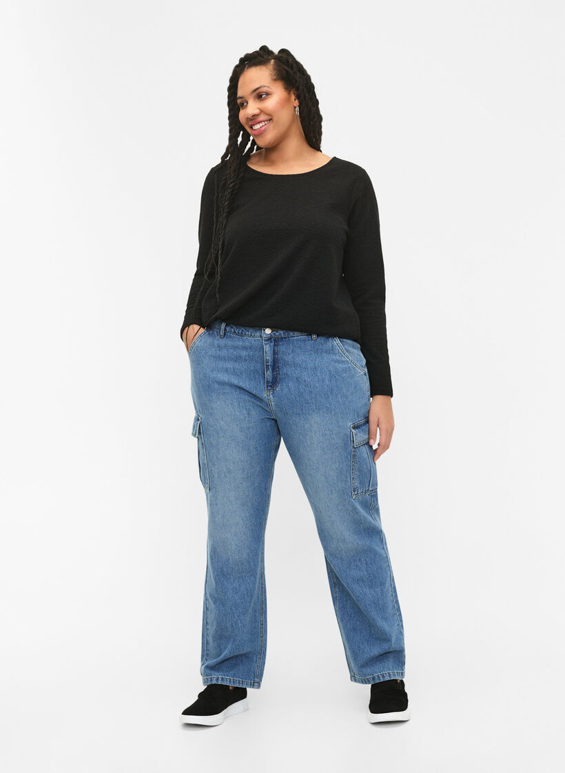 Langärmelige Bluse mit Textur, Schwarz, Model image number 1