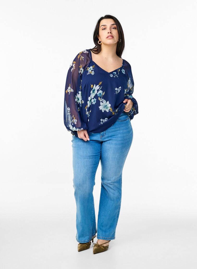 Bluse aus Chiffon mit gebl&uuml;mtem Print und langen &Auml;rmeln, Blau, Model image number 1