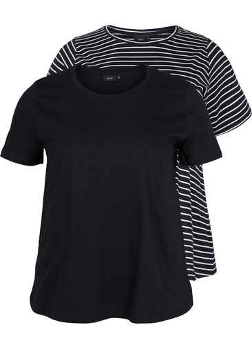 2er-Pack basic T-Shirts aus Baumwolle, Black/Black Stripe, Packshot image number 0