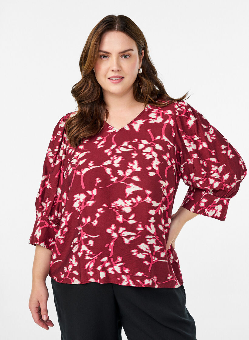 Bluse mit V-Ausschnitt und 3/4-Ärmeln, Rot, Model image number 0