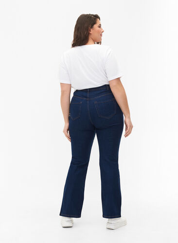 FLASH - Hoch taillierte Jeans mit Bootcut, Blue denim, Model image number 1