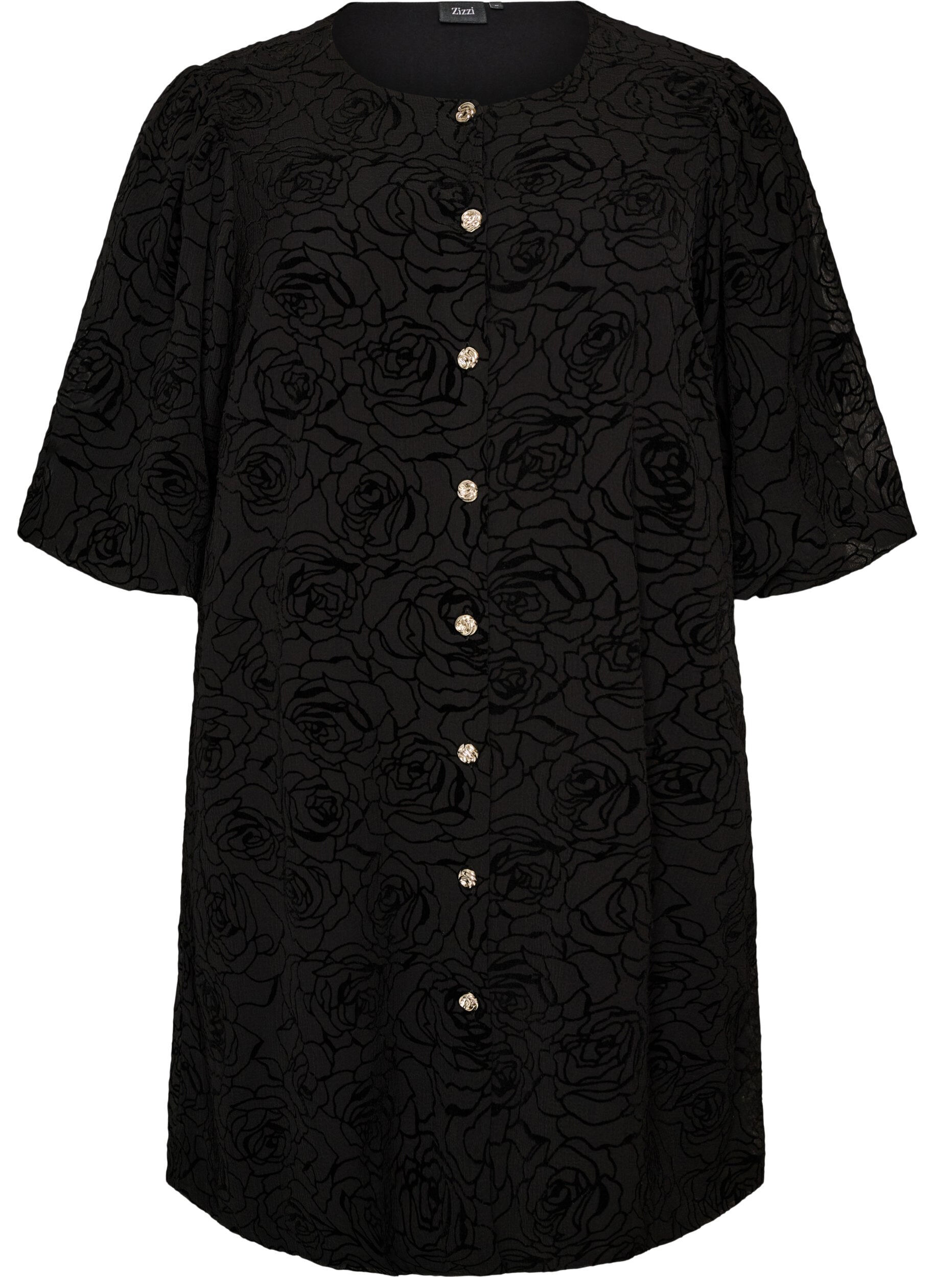 ZizziKurzes Kleid mit Rosenprint und Kn&ouml;pfen, Schwarz, Packshot image number 0