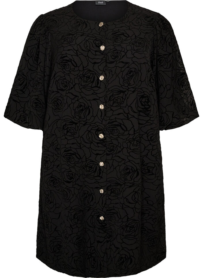 Kurzes Kleid mit Rosenprint und Kn&ouml;pfen, Schwarz, Packshot image number 0