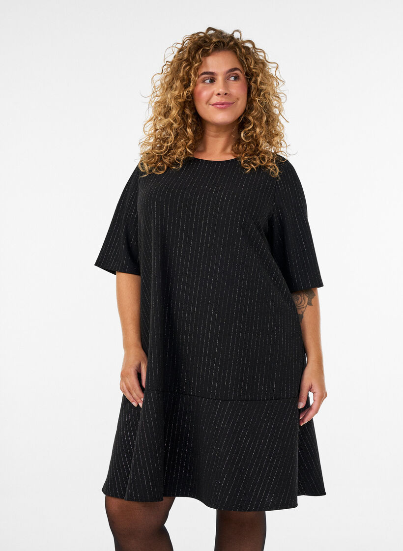 Kurzes A-Linien-Kleid mit Glitzerstreifen, Schwarz, Model image number 0