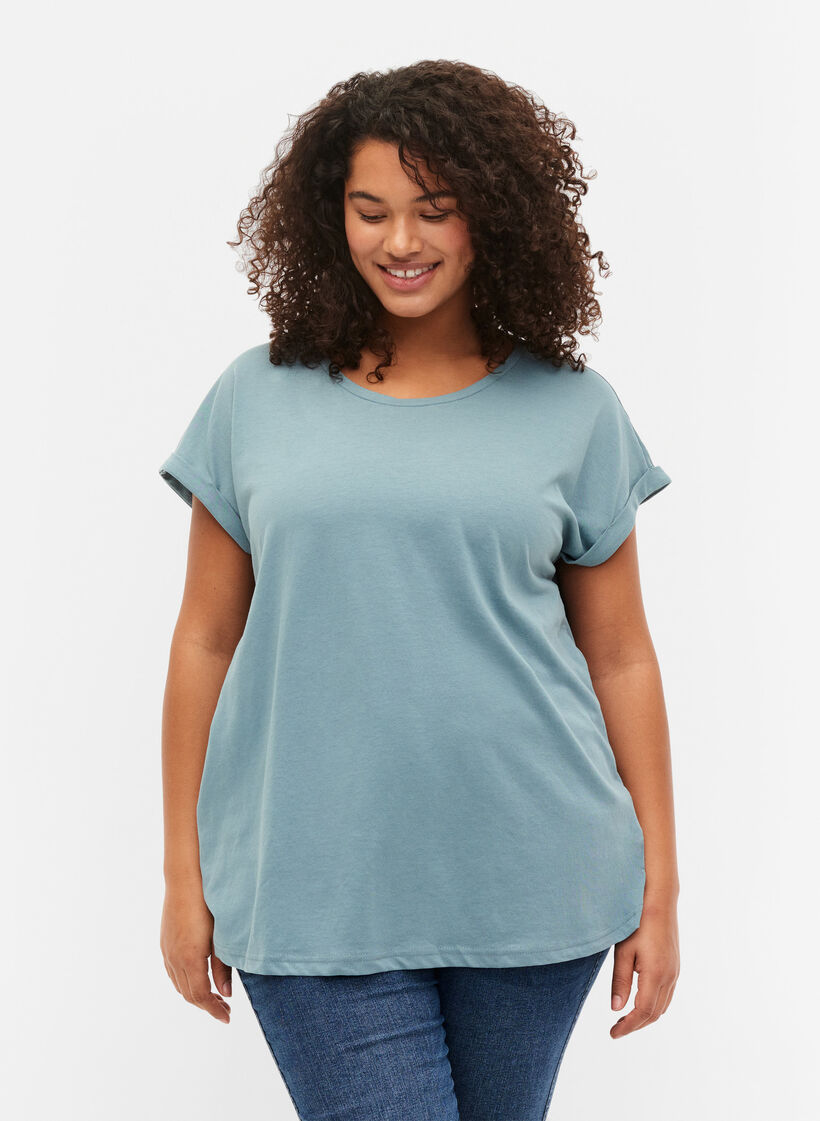 Kurz&auml;rmeliges T-Shirt aus einer Baumwollmischung, Blau, Model image number 0